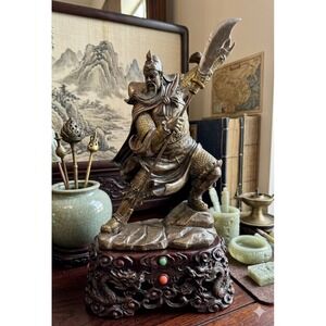Guan Yu Statue Guan Gong Chinese Warrior God of War Bronze Finish Resin 12 Inch